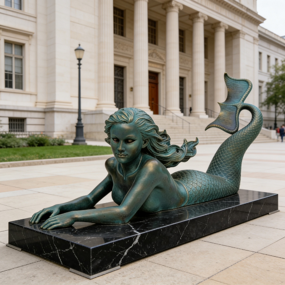 Bronze mermaid statue in front of a classical building
