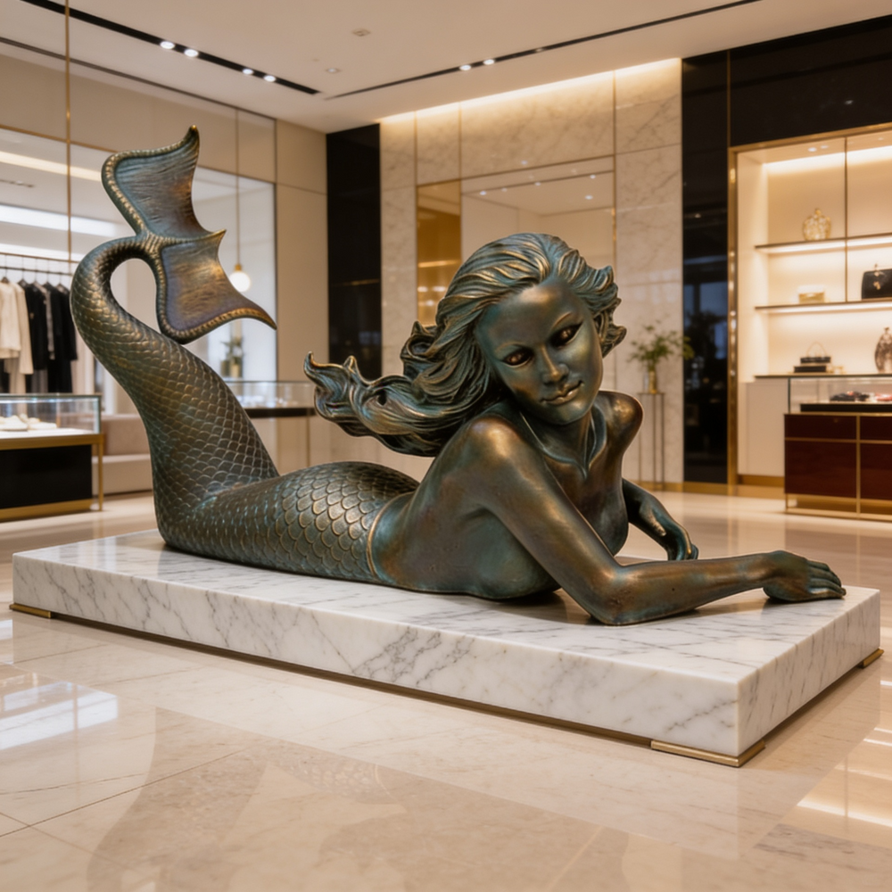 Bronze mermaid statue on a marble platform in a modern indoor setting