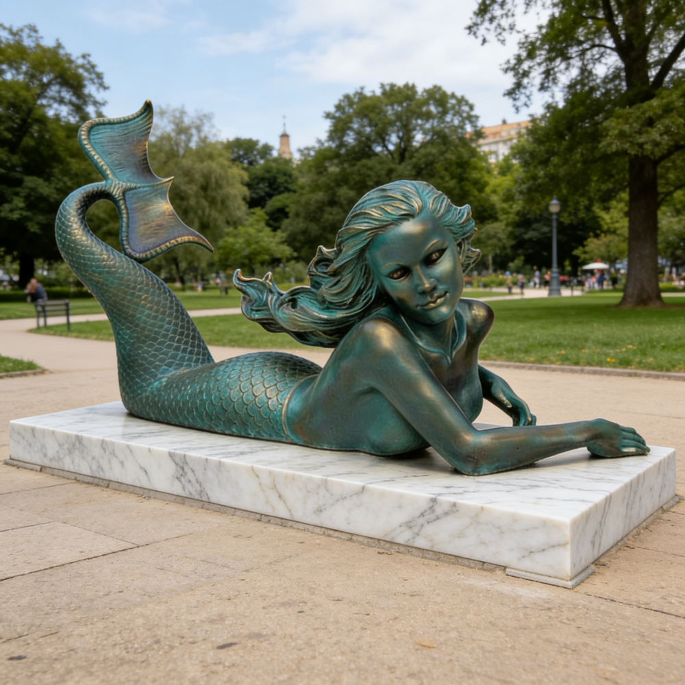 Bronze statue of a mermaid on a marble base in a park setting