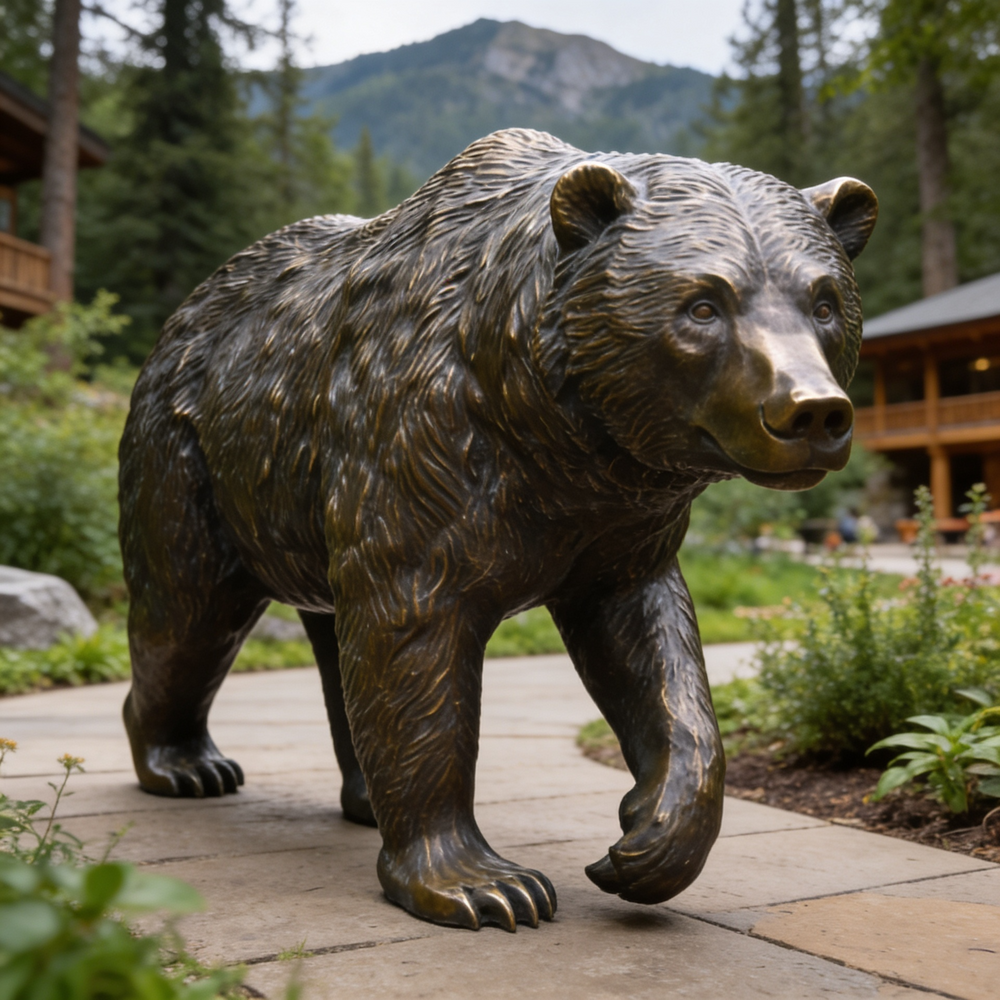 Bronze bear statue in a natural setting with trees and a building in the background