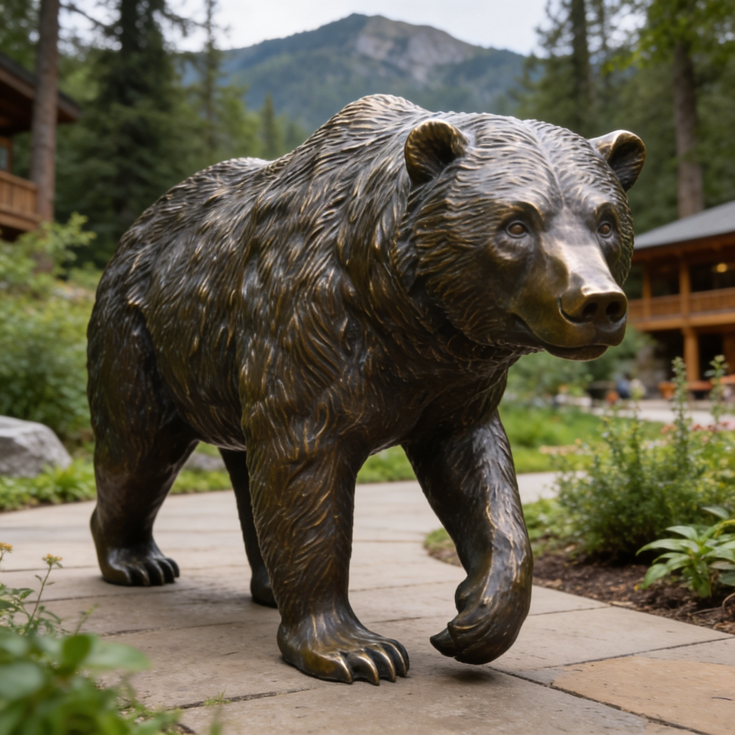 Bronze bear statue in a natural setting with trees and a building in the background