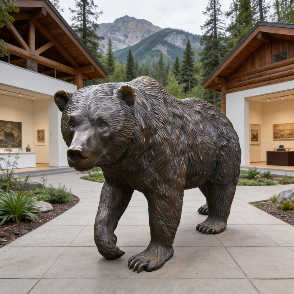 Bronze bear statue in front of a building with mountains in the background