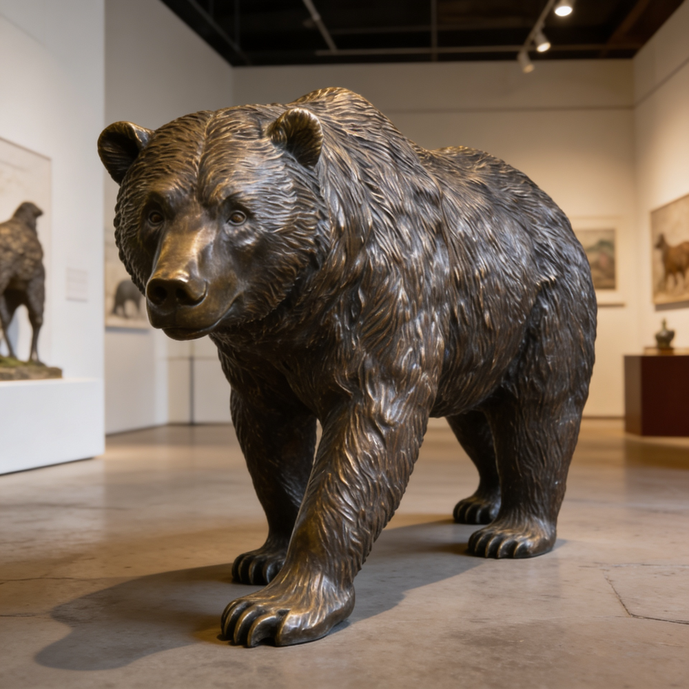 Bronze statue of a bear in an indoor setting, possibly a museum.