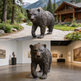 Bronze bear sculpture in front of a log cabin and in an art gallery.