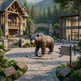 Bear statue in front of a lodge with educational signs and people in the background