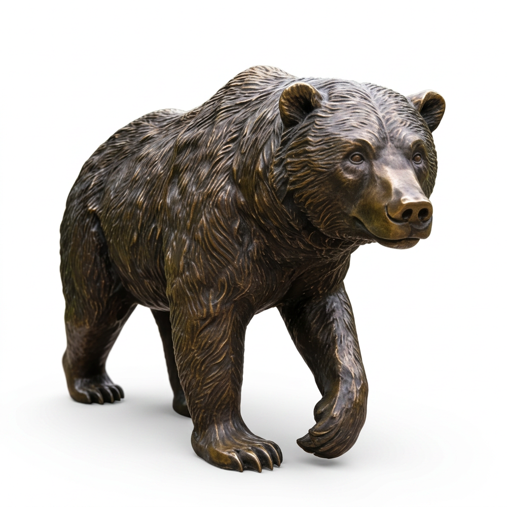 Bronze statue of a bear on a white background