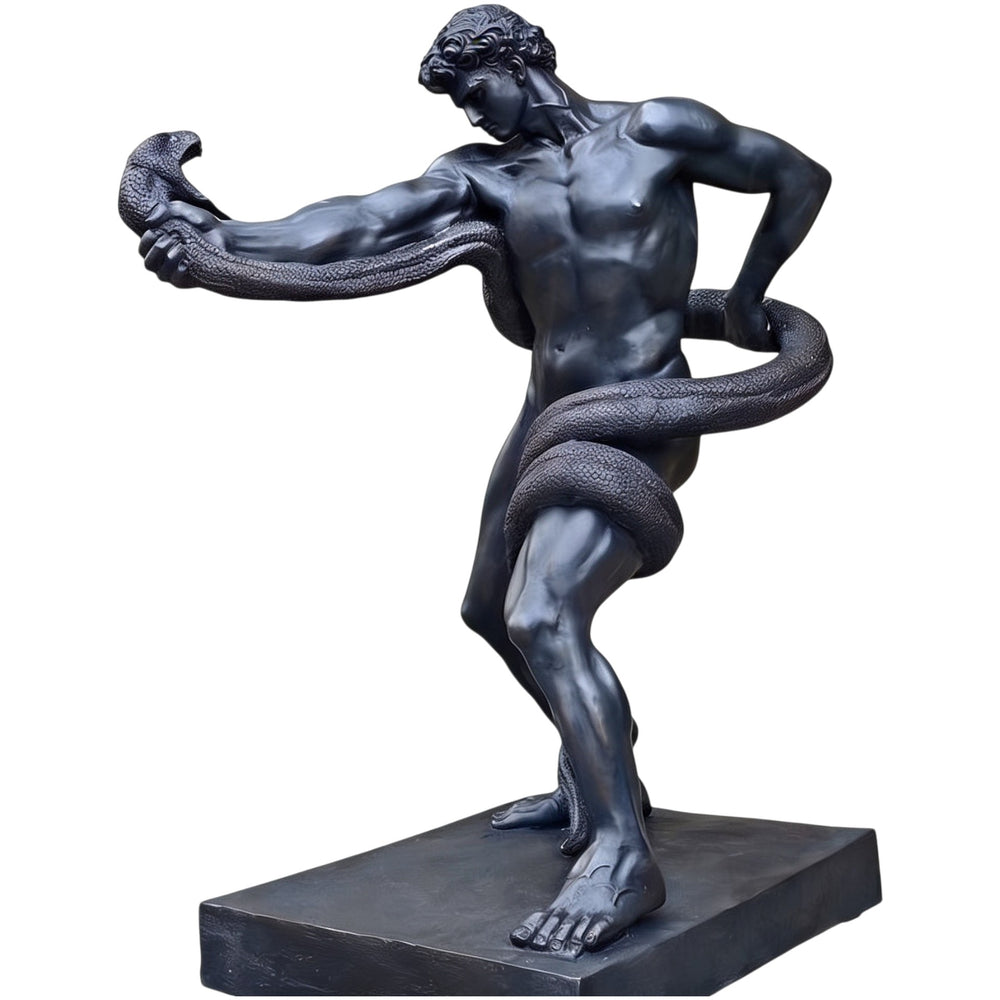 Statue of a muscular figure holding a snake on a white background