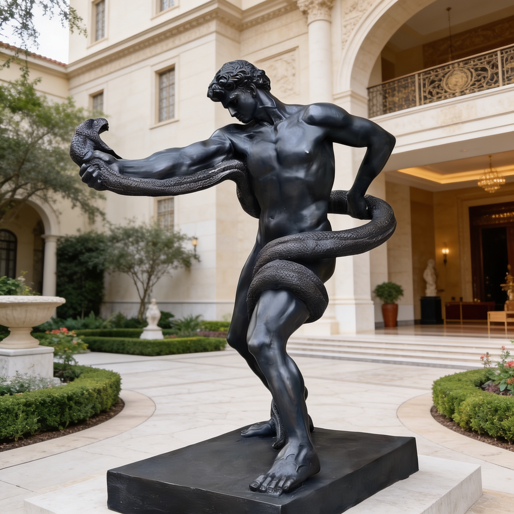 Statue of a muscular figure with a snake in an elegant outdoor setting