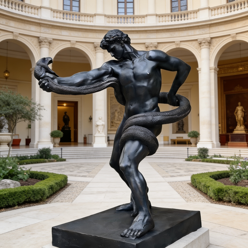 Statue of a muscular figure holding a snake in an elegant courtyard with classical architecture.