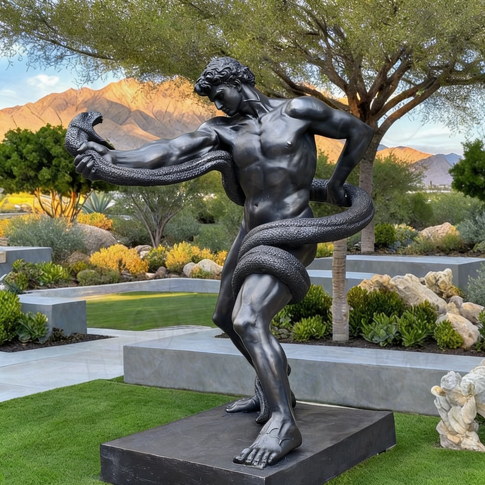 Statue of a muscular figure holding a snake in a garden setting with mountains in the background