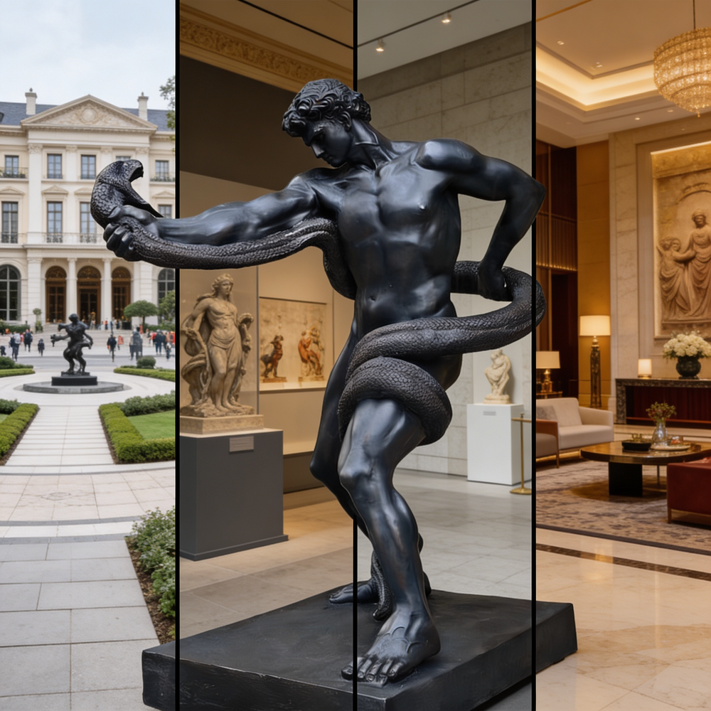 Statue of a man battling a snake in an outdoor setting, museum interior, and indoor setting.