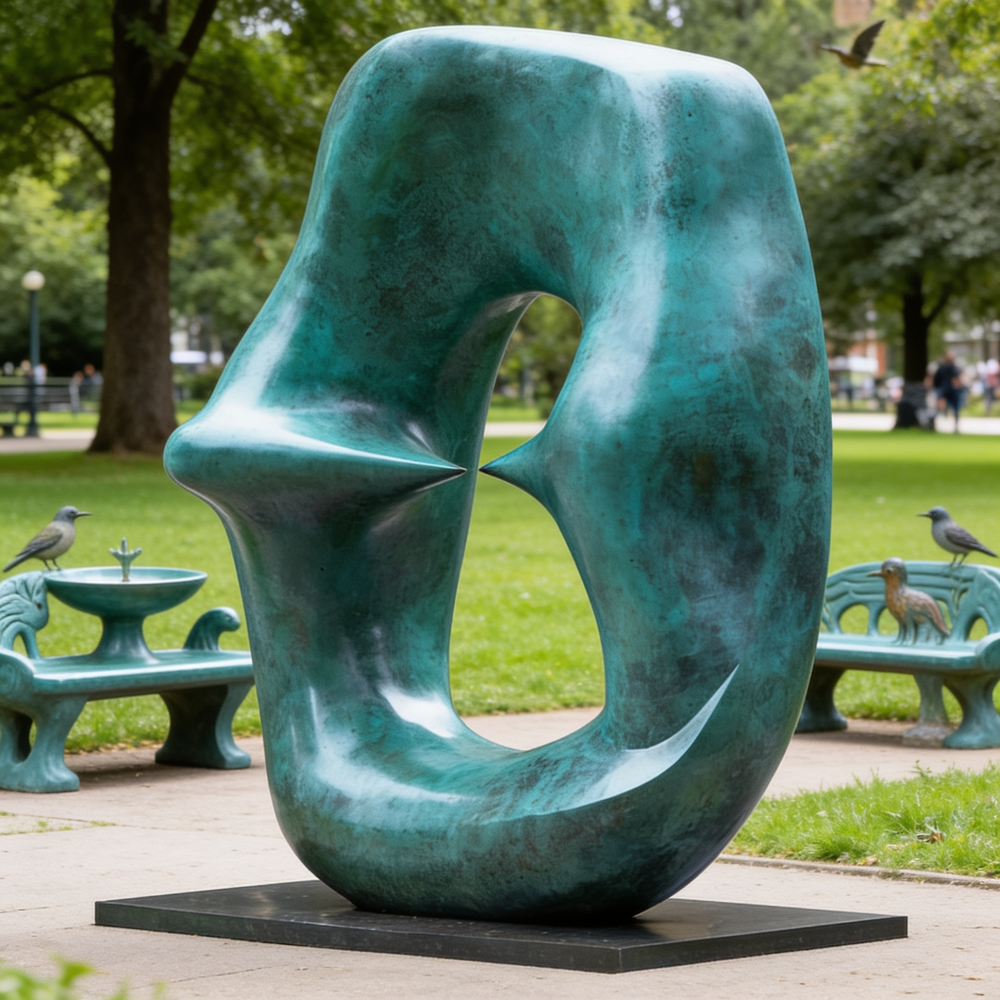 Large abstract sculpture in a park setting with benches and trees.