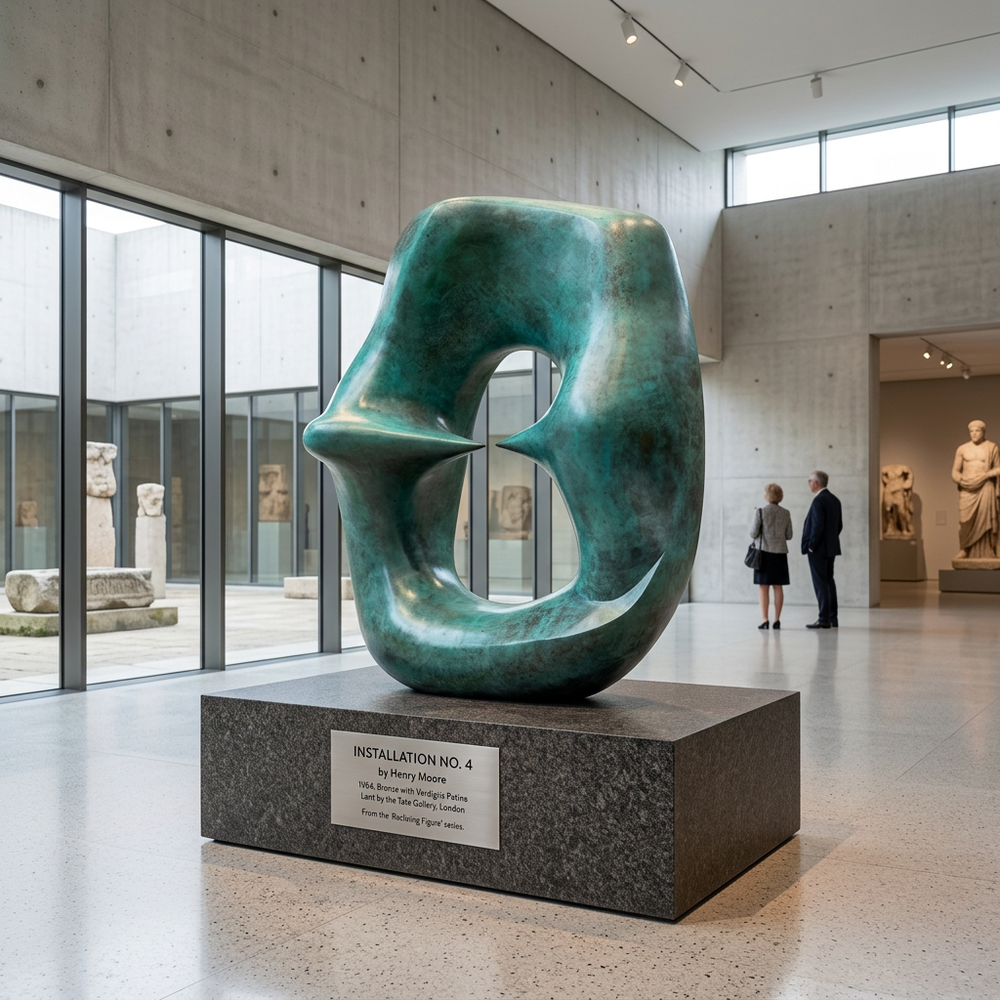 Large abstract sculpture in a museum setting with visitors observing.