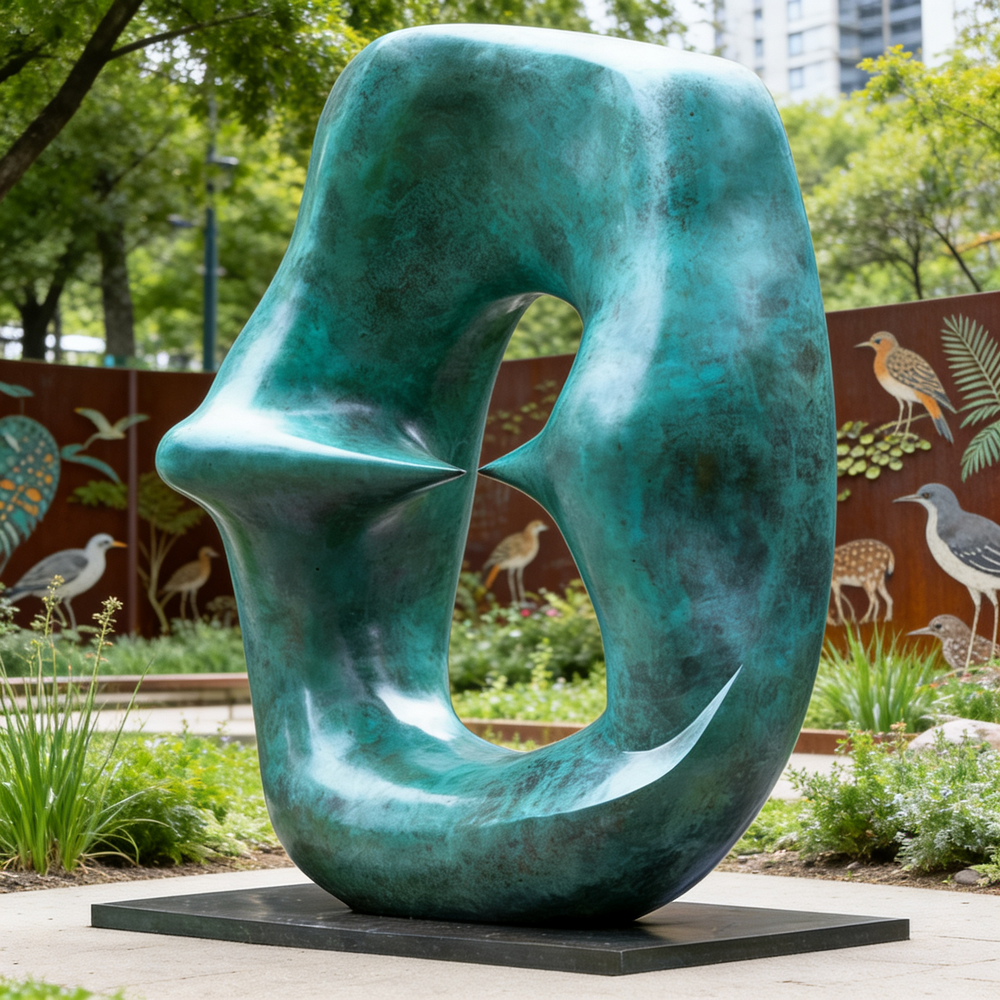 Large abstract sculpture in a park setting with trees and a mural in the background