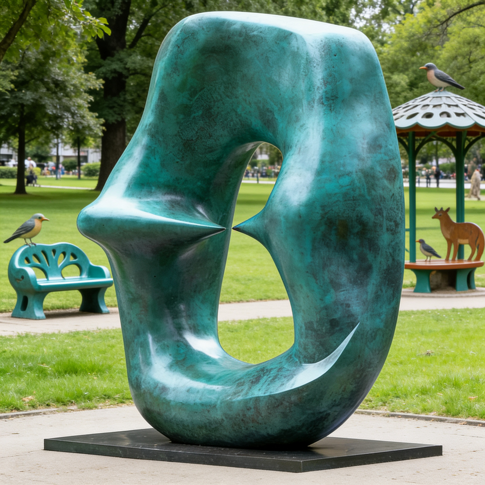 Large abstract sculpture in a park with people and benches in the background
