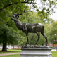 Sculpted bronze elk with detailed antlers and lifelike anatomy positioned on a carved pedestal.