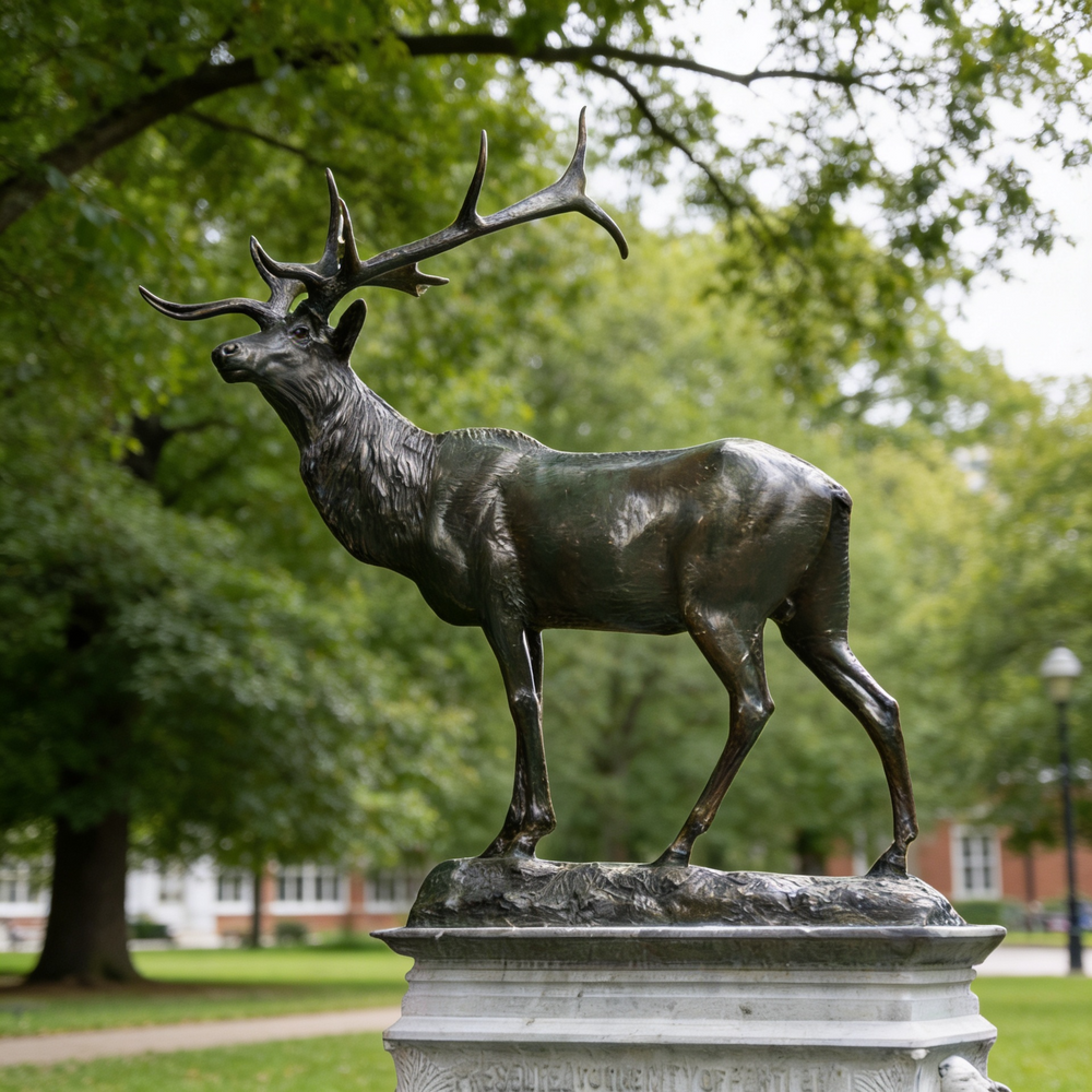 Sculpted bronze elk with detailed antlers and lifelike anatomy positioned on a carved pedestal.