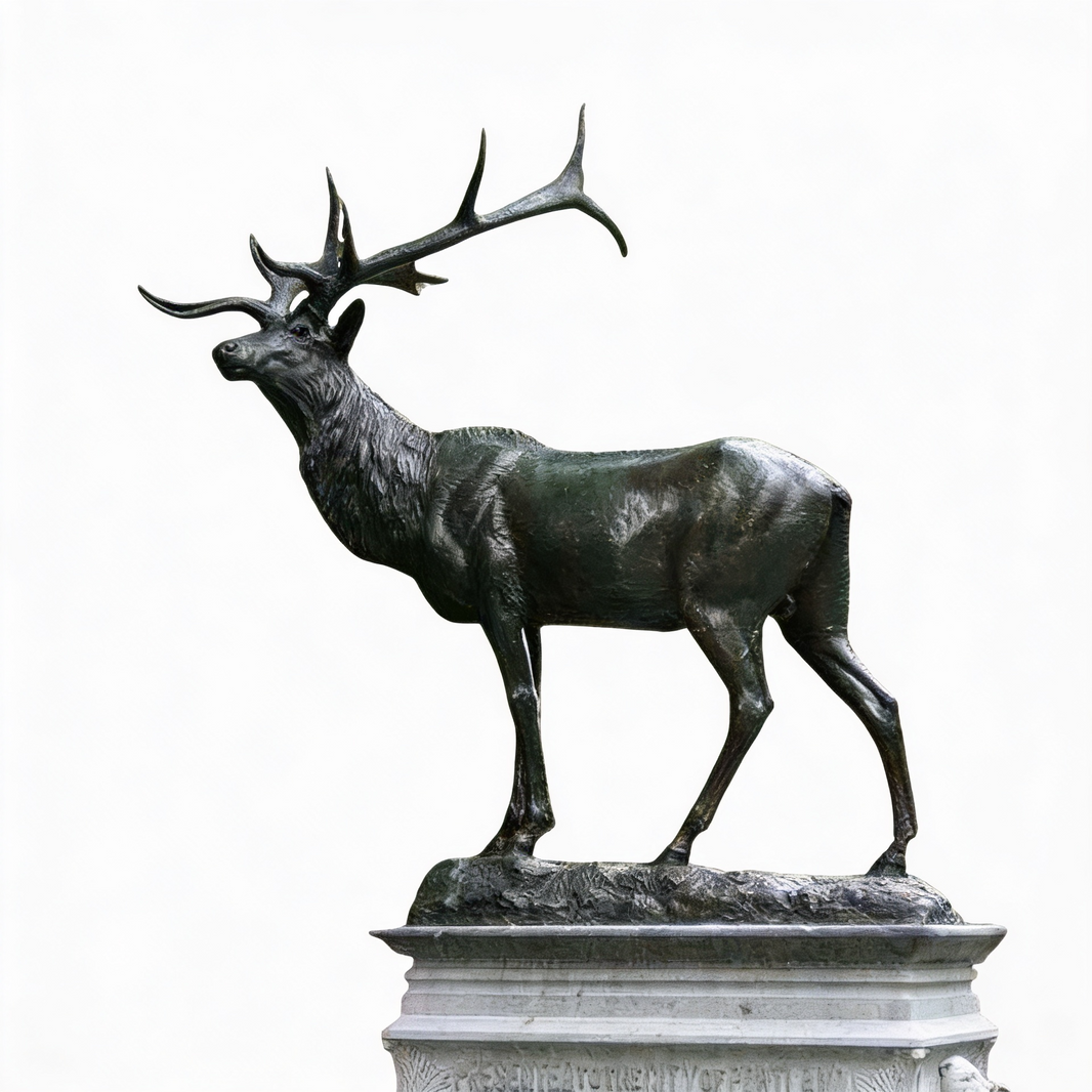 Bronze elk sculpture with raised head and large branching antlers mounted on a stone pedestal
