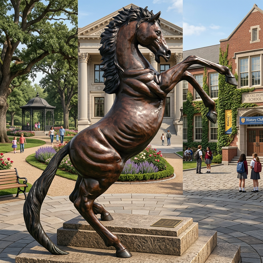 Dynamic bronze horse statue captured mid‑rear, showcasing strength and expressive movement