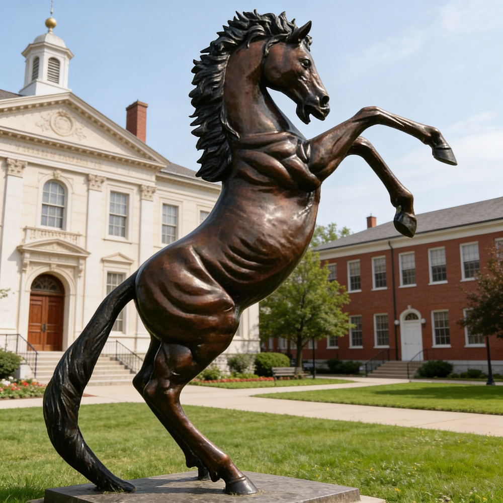 Artistic bronze horse sculpture with raised front legs and lifelike body proportions