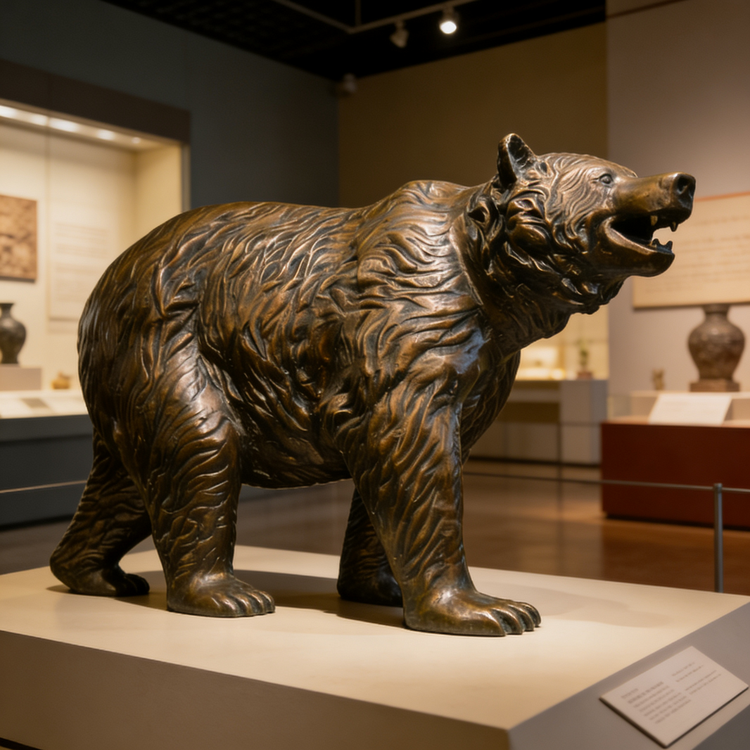 Bronze bear statue in a museum setting