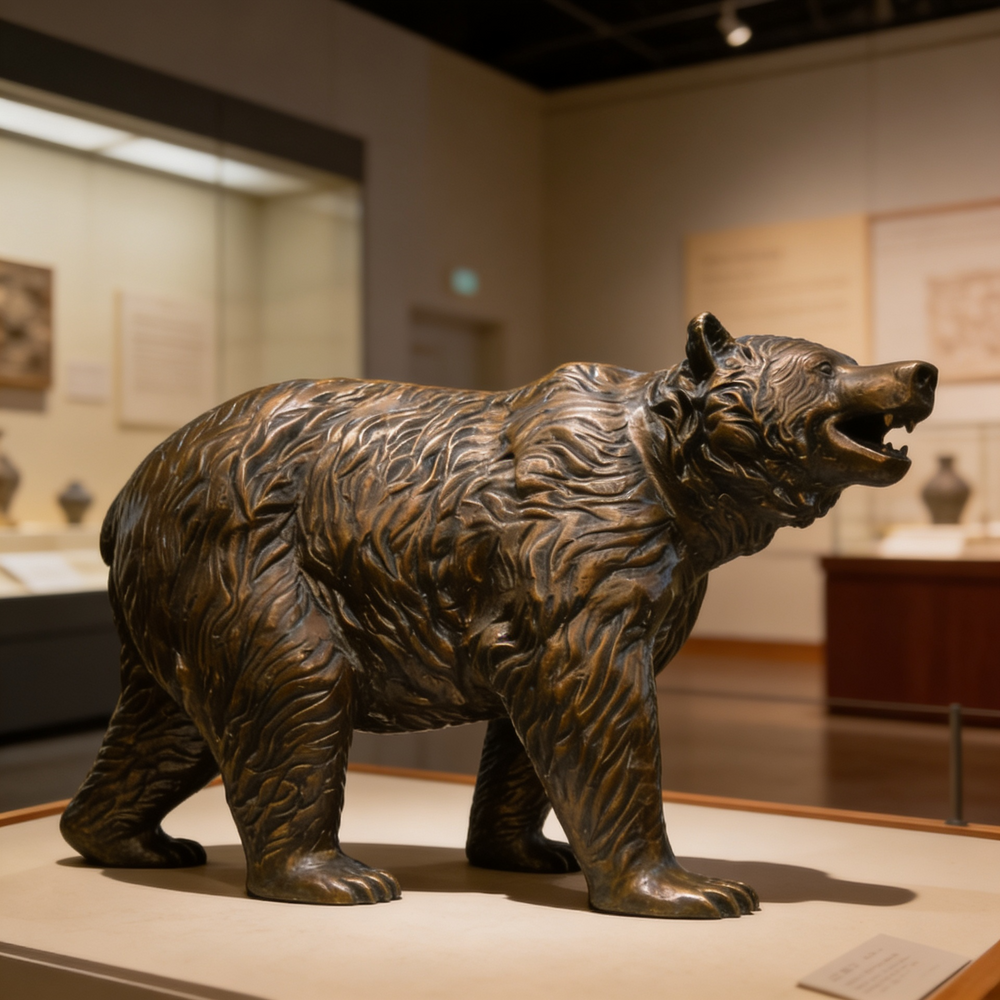 Bronze bear sculpture in a museum setting