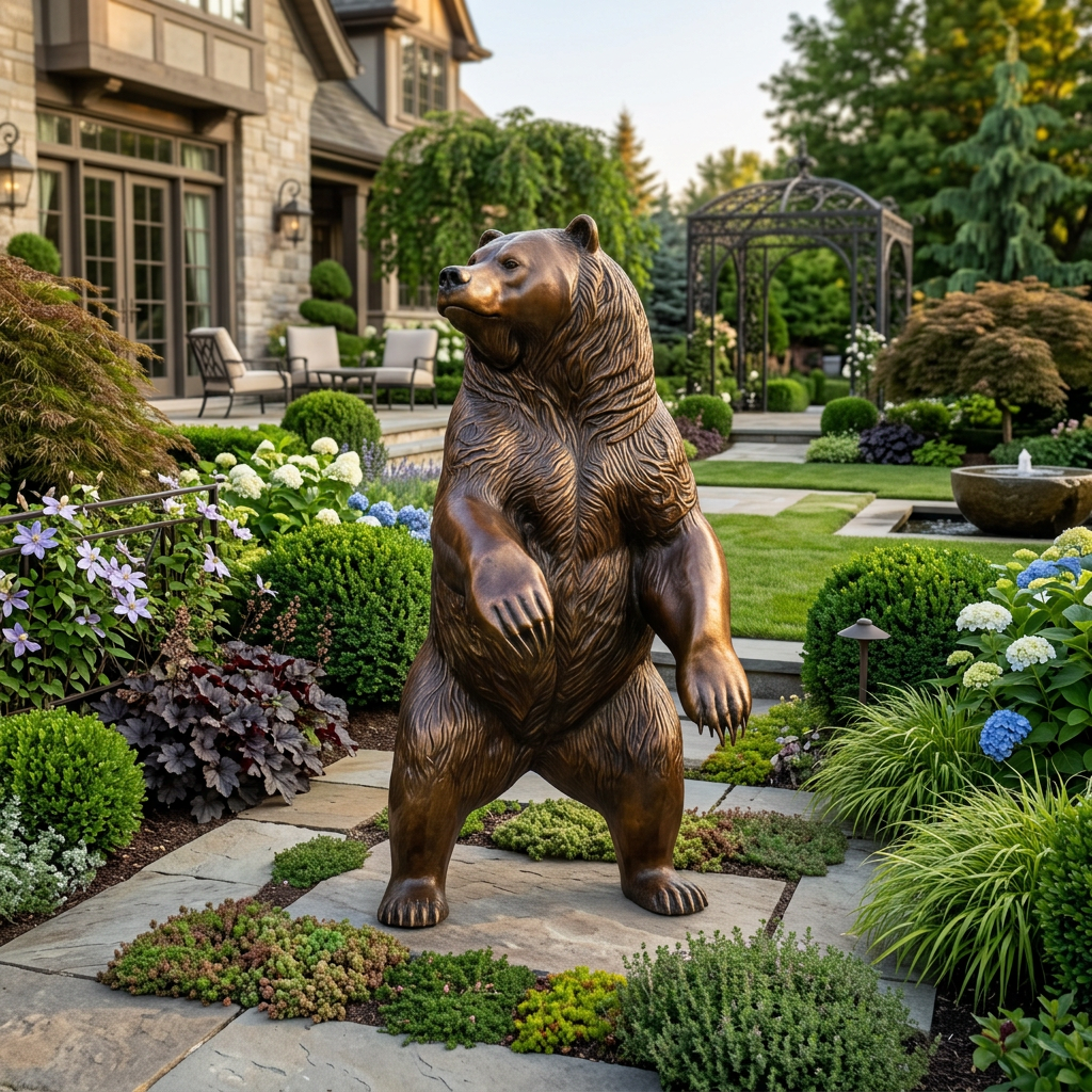 Bronze bear statue in a garden setting with a house in the background