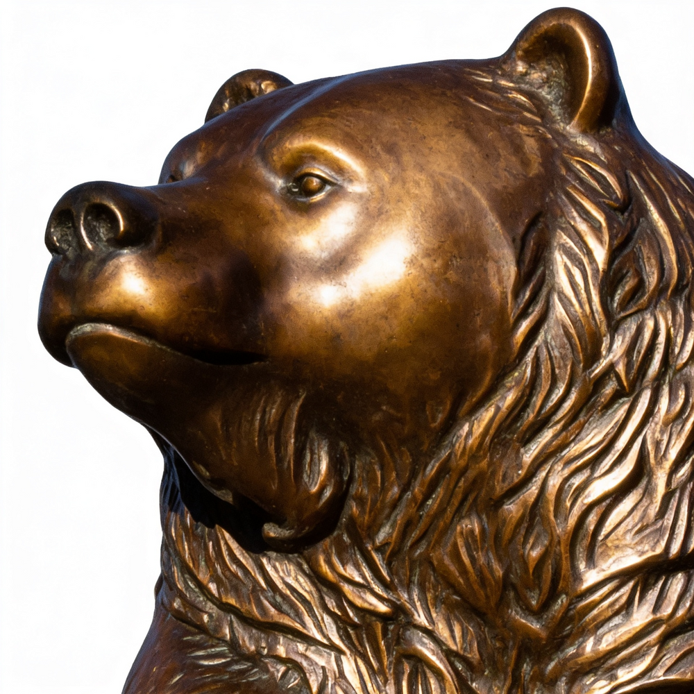 Bronze bear statue on a white background
