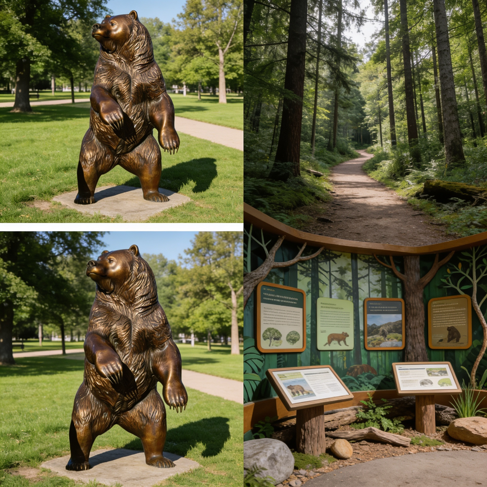 Bronze bear statue in a park with informational signs and nature trail in the background