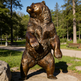 Bronze bear statue in a park setting with trees and benches.