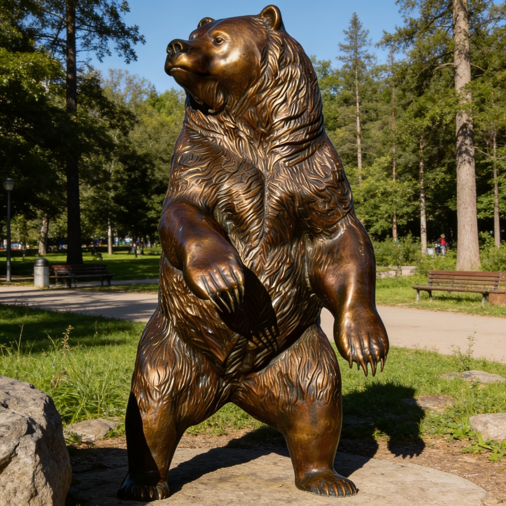 Bronze bear statue in a park setting with trees and benches.