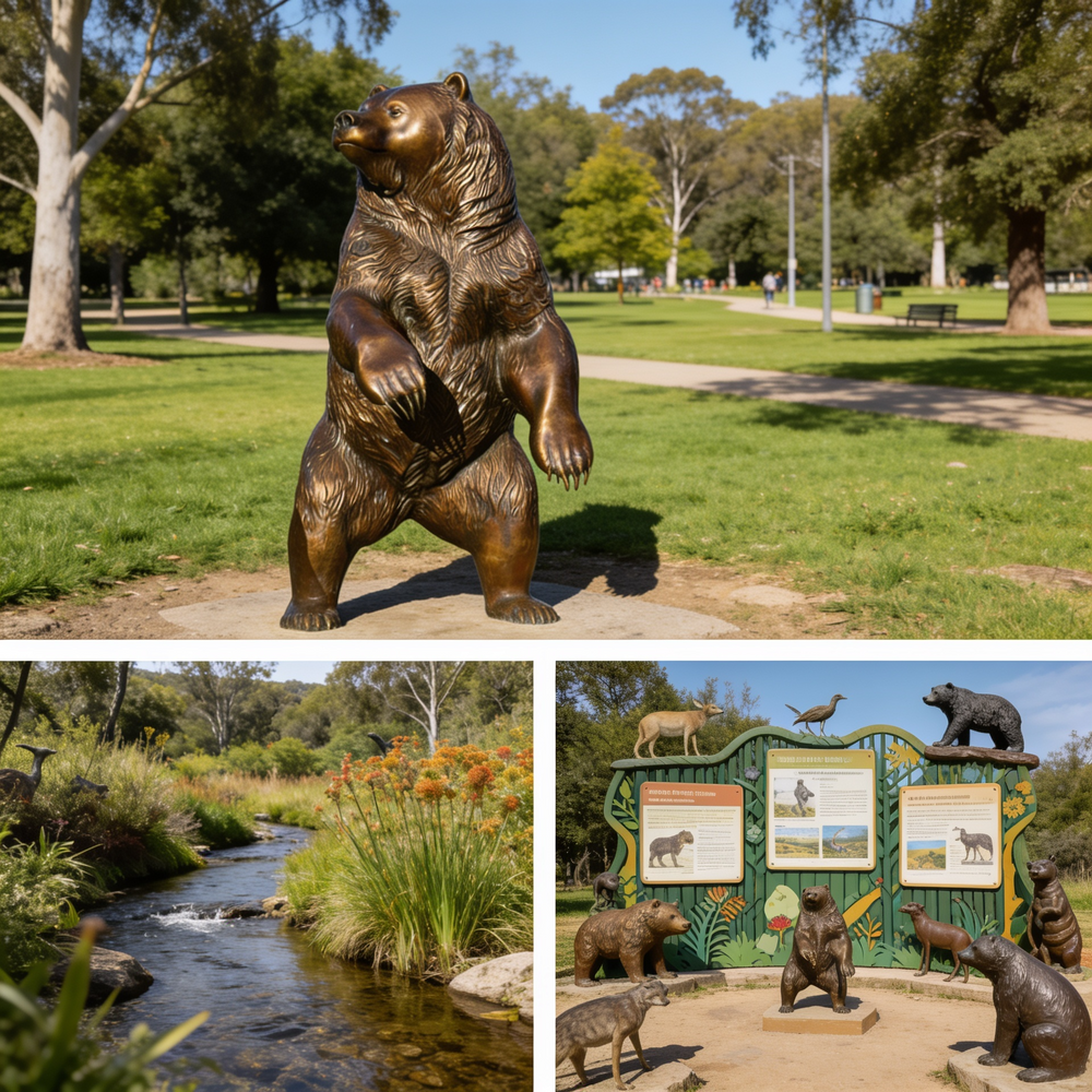 Bronze bear statue in a park with a stream and informational signs in the background.