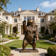 Bronze bear statue in front of a large mansion