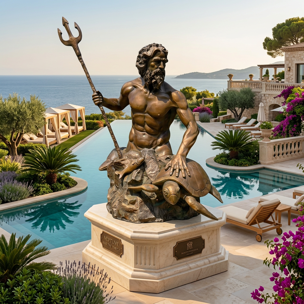 Bronze statue of a muscular figure with a trident by a poolside with ocean view