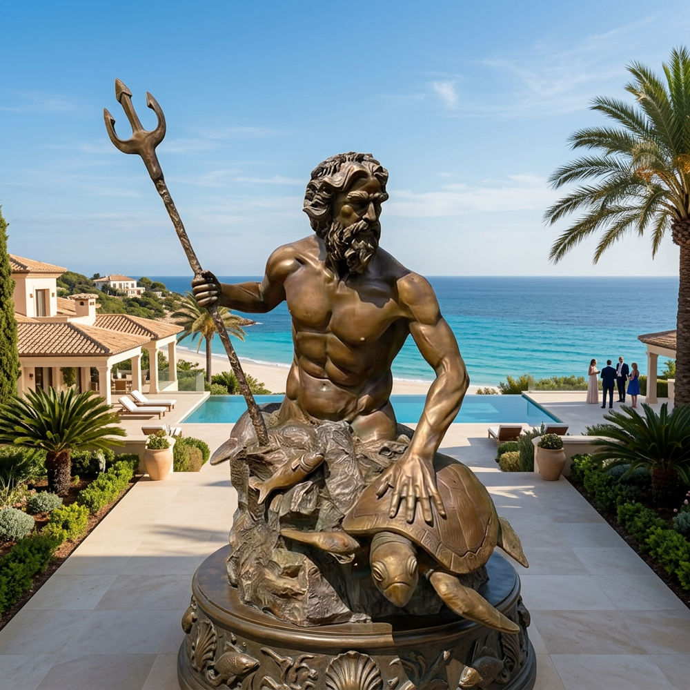 Bronze statue of a bearded man with a trident in a luxurious garden with ocean view
