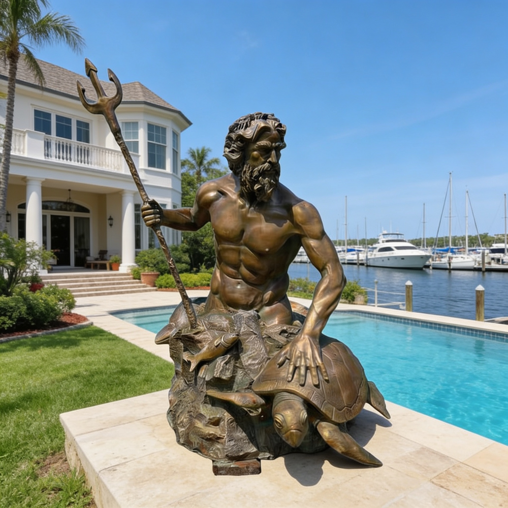 Bronze statue of a bearded man with a trident on a turtle, set against a backdrop of a pool and marina.