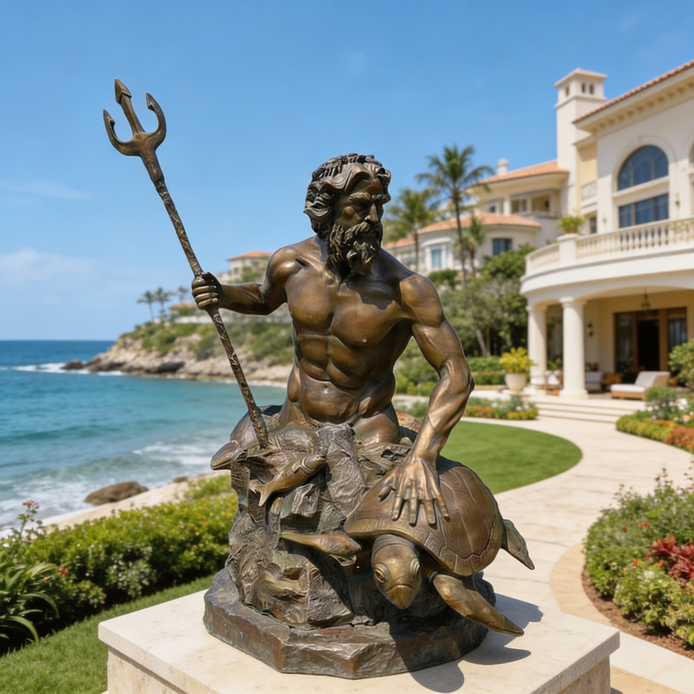 Bronze statue of a bearded man with a trident on a pedestal in front of a luxurious house by the ocean.