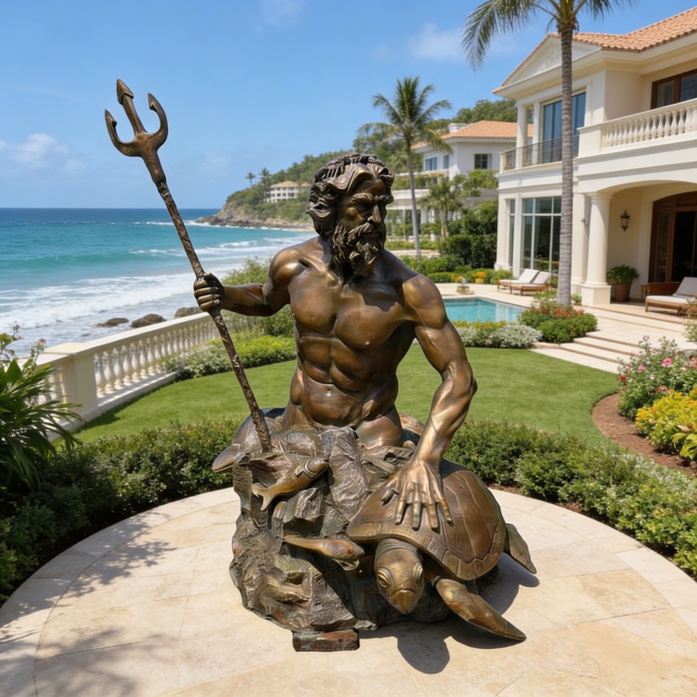 Bronze statue of a mythological figure on a turtle by a house with a pool and ocean view.