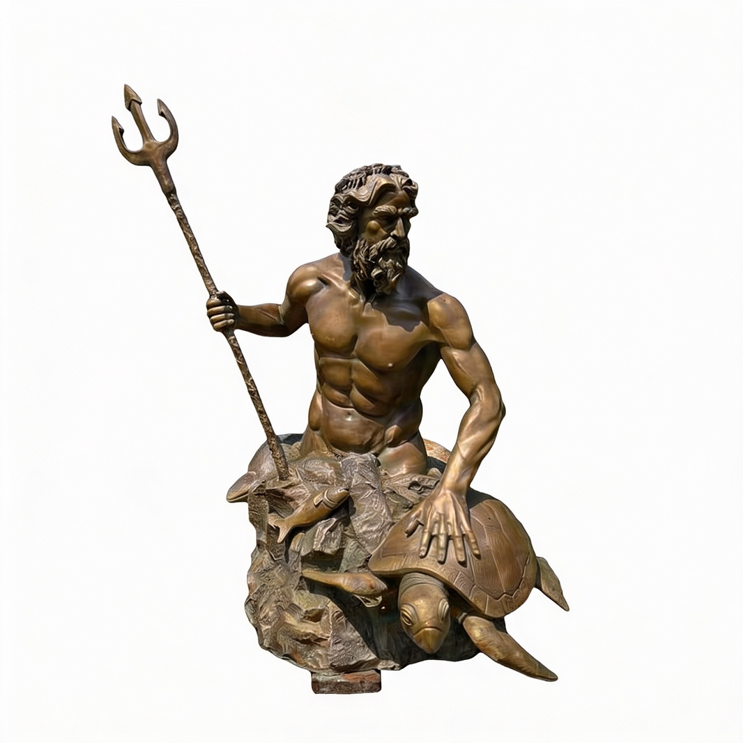 Bronze statue of a bearded man with a trident and turtle on a white background