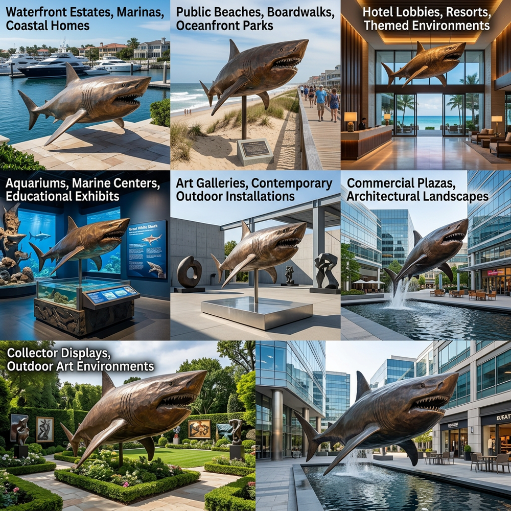 Collage of shark statues in various settings including waterfront, public beaches, and commercial plazas.