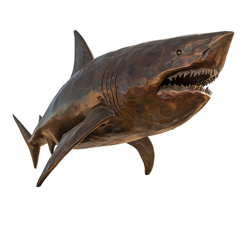 Bronze shark sculpture on a white background