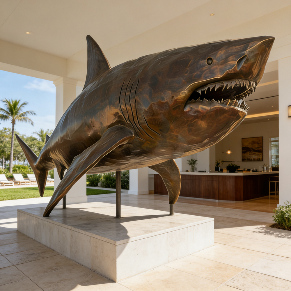Bronze shark sculpture in a modern indoor setting with palm trees outside