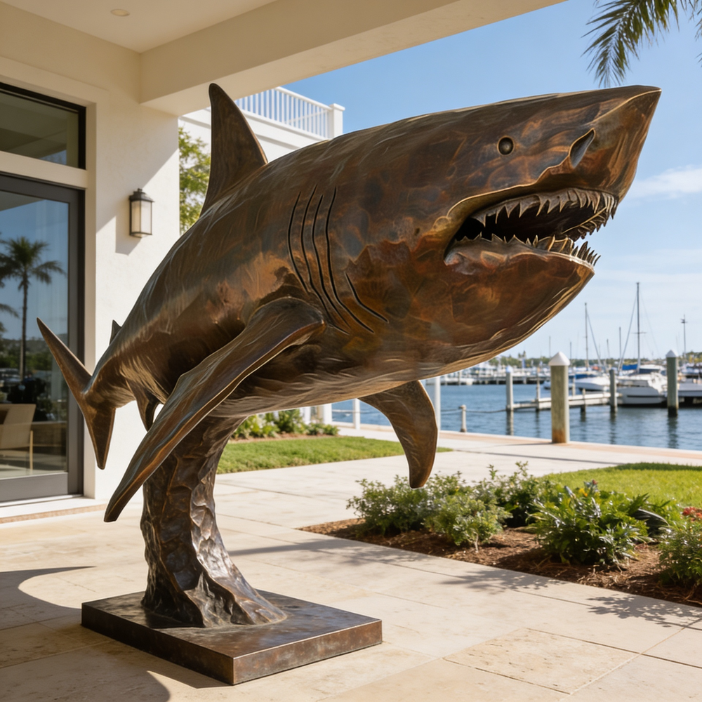 Bronze shark sculpture in front of a building with a marina view