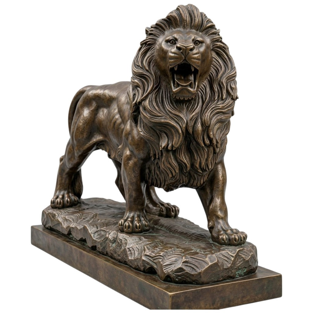 Bronze lion statue on a white background