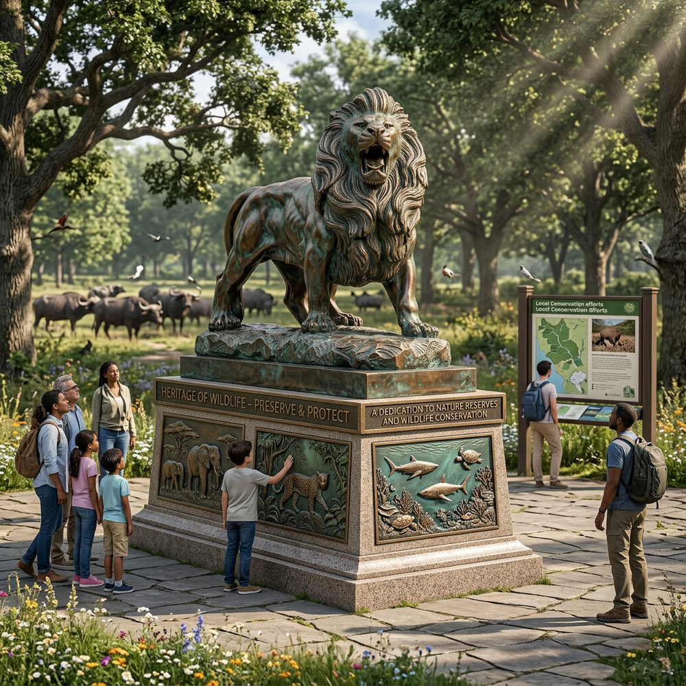 Bronze lion statue in a park with visitors and informational signs
