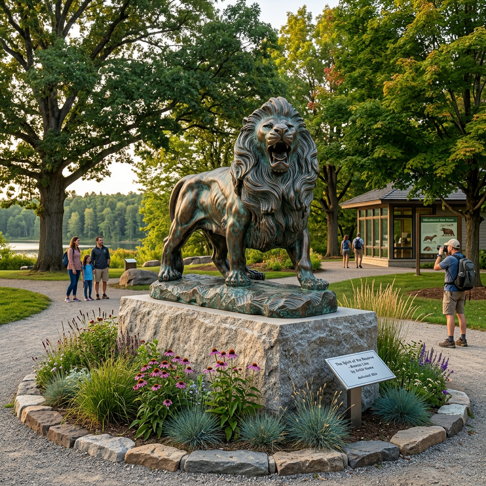 Bronze lion statue on a rock pedestal in a park with people around