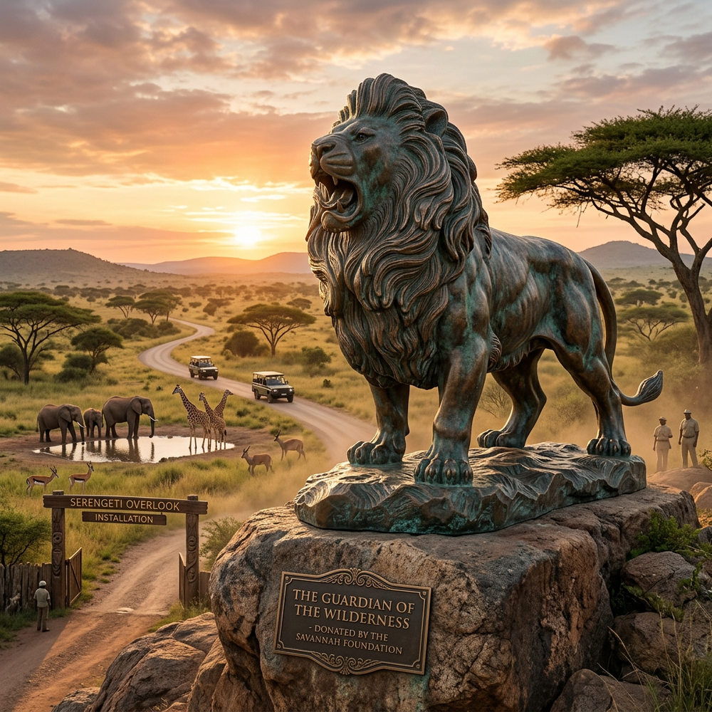 Bronze lion statue on a rock with an African savanna landscape and sunset.