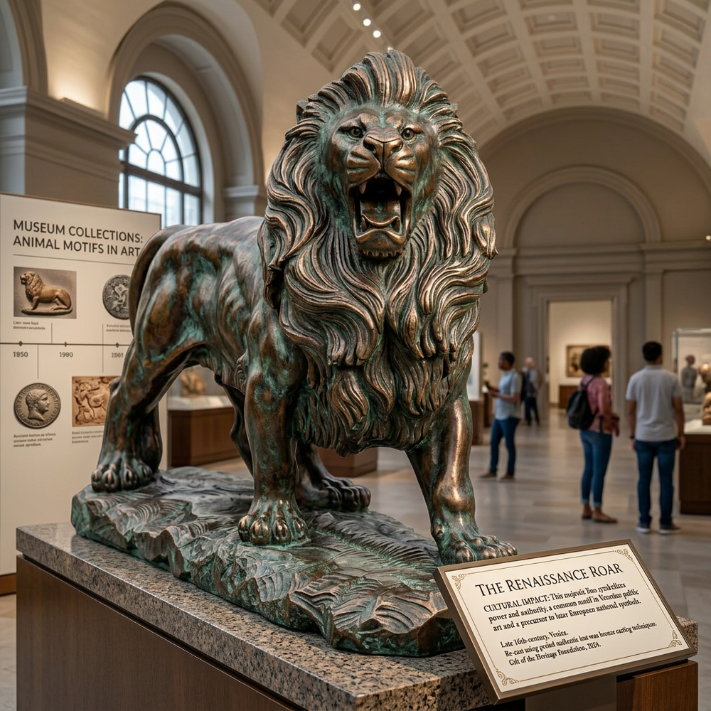 Bronze lion statue in a museum with visitors in the background