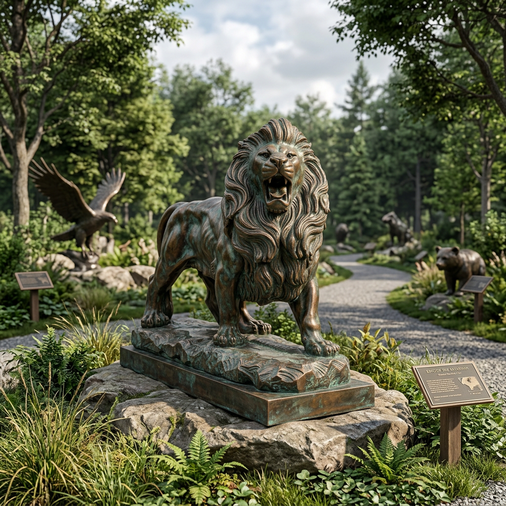 Bronze lion statue in a natural setting with trees and a path