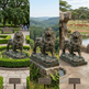 Three bronze lion statues in different outdoor settings with descriptive plaques.